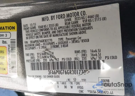 2016 Ford Fusion S из США, поврежденный, VIN 3FA6P0G76GR301770